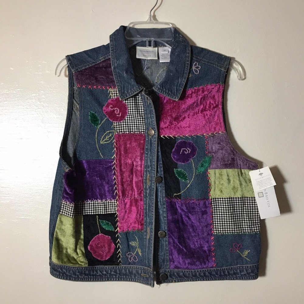 Vintage NWT Susan Bristol Patchwork Floral Embroidered Velvet Denim Beaded Vest